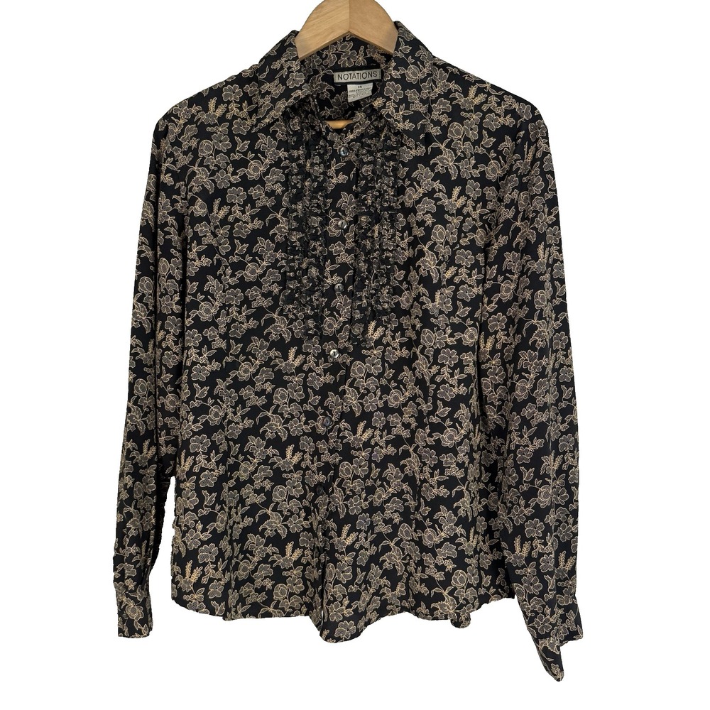 Vintage 70s Ruffle Front Long Sleeve Button Up Womens 14 Dark Floral Feminine
